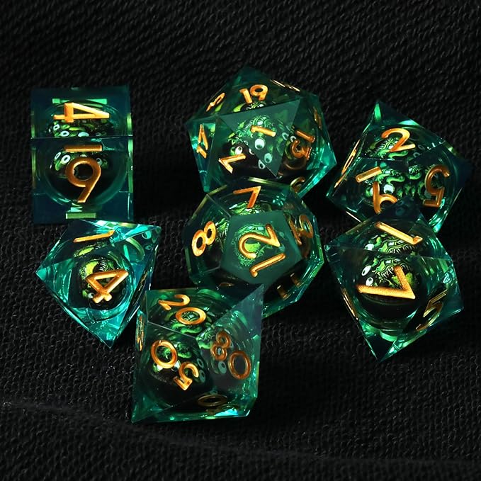 Cthulhu Beholder Polyhedral Resin Dice Set for Dungeons and Dragons Sharp Edge 7 PCS for D&D RPG Starter and Role-Playing Games, with Gift Box (Black-Green)