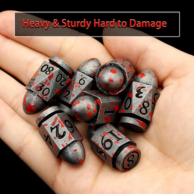 Bullet DND Dice for Dungeons and Dragons, Solid Metal Dice Set D&D with Box Polyhedral D and D Dice for Role Playing Tabletop D20 D12 D10 D8 D6 D4 (Bullet Sliver Blood Spot)
