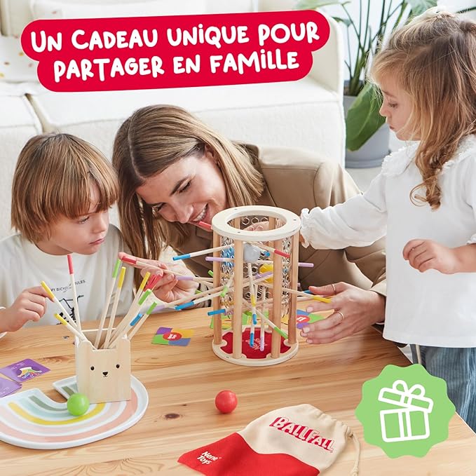 Nene Toys BALLFALL Jumbo – Montessori Wooden Board Game for Kids 3 4 5 6 Years – Colorful Sticks, Dice & Cards – Fine Motor Skills Toy, Math & Counting Game – Educational Gift for Boys Girls Ages 3-9