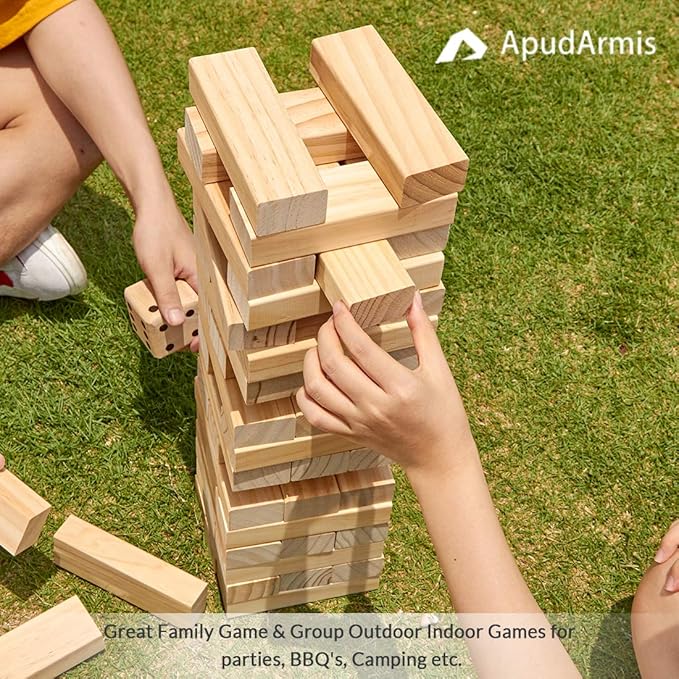 ApudArmis Giant Tumble Tower (Stack from 2Ft to Over 4.2Ft), 54 PCS Pine Wooden Stacking Timber Game with 1 Dice Set - Classic Block Giant Outdoor Game for Teens Adults Family