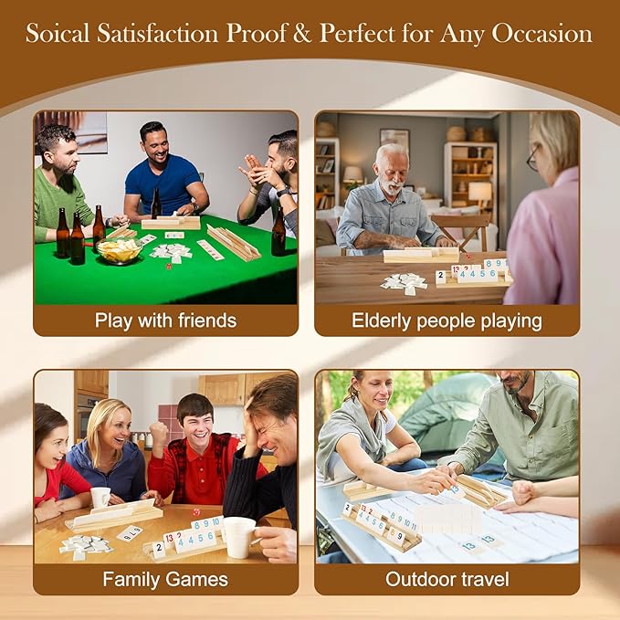 Upgraded 4 Players Rummy Game, 106 Melamine Tiles, 4 Wooden Racks, Premium Portable Case, Drawstring Bags, Tile Board Games for Adults, Birthday Gifts for Men Women Dad Mom