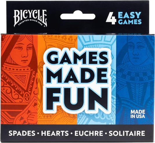 Bicycle 4 Playing Card Games in 1: Euchre, Hearts, Spades, and Solitaire (4 Card Game Pack)