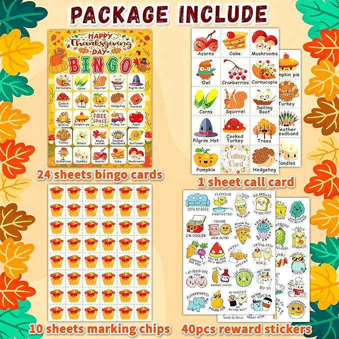 Thanksgiving Bingo Cards, 24 Players Cute Thanksgiving Bingo Game for Kids Adults Famliy Party Game Supplies for Classroom Shool Fall Festival