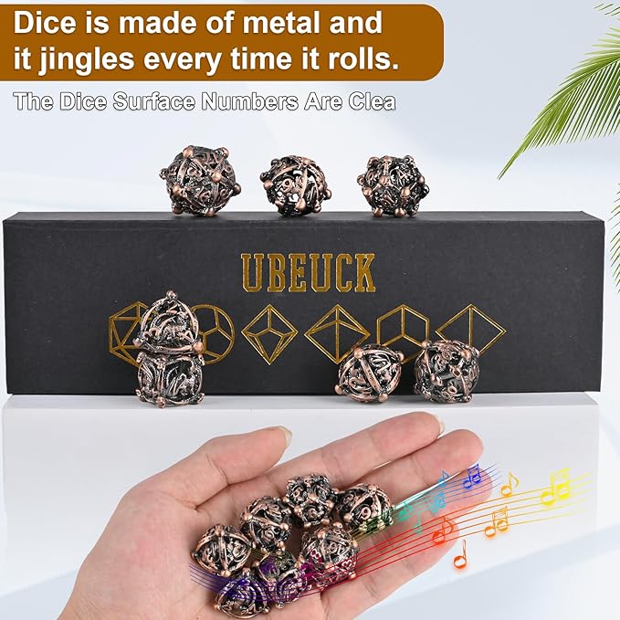 DND Metal Dice Set, UBEUCK 7PCS Gear Metal DND Dice Set for Dungeons & Dragons Board Games Boxes (Ancient red Copper dice)