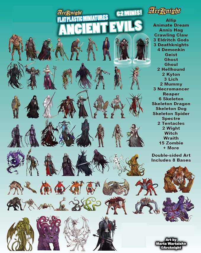 Arcknight Flat Plastic Miniatures: Ancient Evils; 62 Unique Evil-Themed Minis for DND 5e and Pathfinder; Affordable, Skinny Figurines for Dungeons and Dragons and Other Tabletop RPG Games