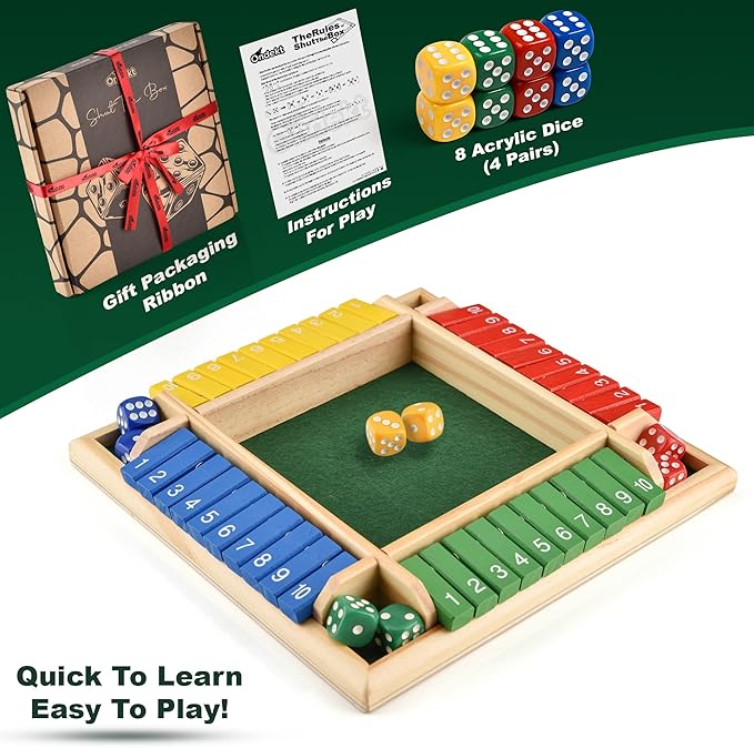 Wooden Shut the Box – Indoor Dice Game – Ideal for 2-4 Players – Great Family Game – Colorful Design - Comfortable Felt – Smart Math Game for Kids – Fun Learning Board Game - Nice Gift Packaging