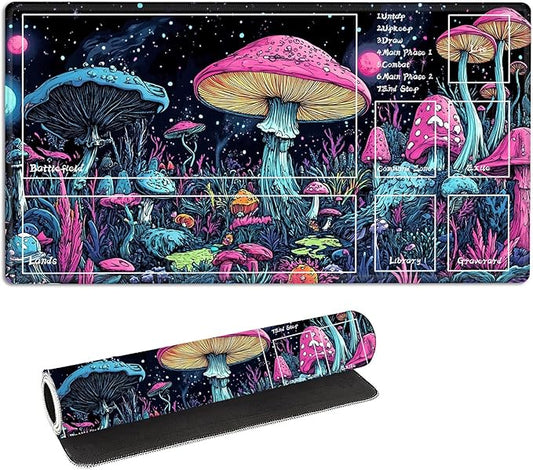 for MTG Playmat with Zones Storage Bag, for TCG Playmat and Playing Card Mat for Magic Board Games, Colorful Mushroom Non-Slip Stitched Edges Game Mat, Rollable Foldable Card Playmats