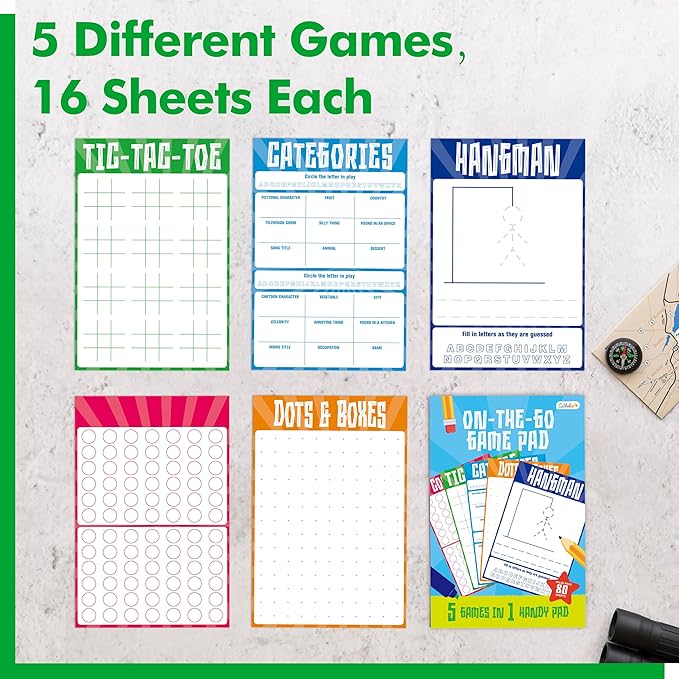 Road Trip Game Pad, 80 Perforated Sheets Travel Activity Pad, 5 Games in 1 Pad, Plane, Car Trip Activity, Pen Pencil & Paper Game for Kids, Adults (6” x 9”)