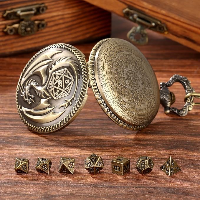 Mini DND Dice Set Steampunk Dragon Pocket Watch Shell Case, 7pcs Polyhedral Metal D&D Dice Set, DND Gifts with Gift Box for Men Women, Role Playing Board Games Accessories, Bronze