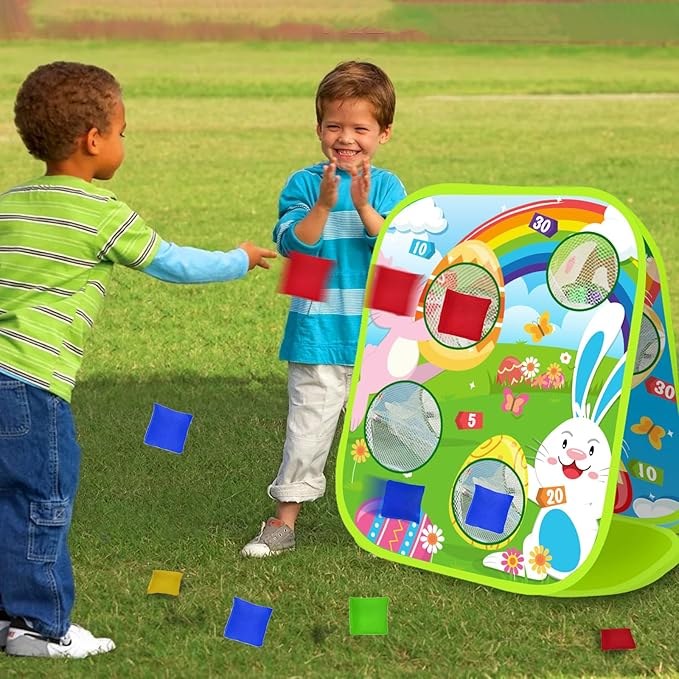 AMENON Carnival Bean Bag Toss Outdoor Games, Double Sided Bunny Eggs Cornhole Board, Easter Carnival Games for Kids Toddler Family Lawn Party Birthday Cornhole Toy with 6 Bean Bag & 4 Stake