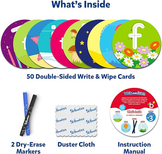 Skillmatics Write & Learn Reusable Cards for Toddlers - Letters, Numbers, Patterns & Shapes, Travel Game, Preschool Learning, Gifts for Kids Ages 3, 4, 5, 6