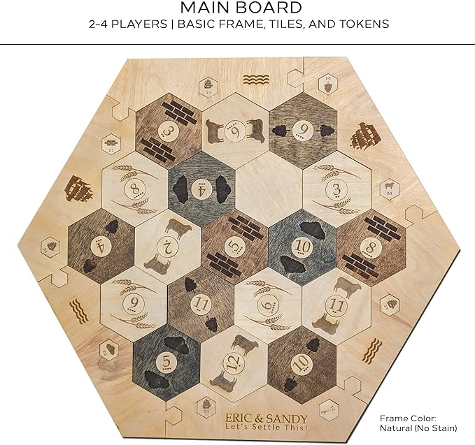 Personalized Wood Settler Game Board with Shelf Rack - 2-4 Players | Includes: Main Board and Shelf Rack