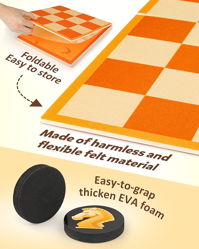 Coogam Chess and Checkers Board Game, 3-in-1 Tic Tac Toe Vintage Table Game with Mat, Lawn Party Favor Activity Indoor Outdoor Travel Toy for Family Play