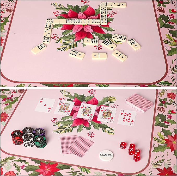 Large Mahjong Mat with Red & Green Floral Print, Anti-Slip, Noise-Reducing Table Cover for Mahjong, Poker, Board Games, Dominoes, and Card Games (31.5” x 31.5”)