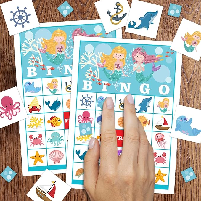 24 Players Mermaid Party Bingo Game Cards, Under The Sea Bingo Game for Large Group, Ocean Party Bingo Game Activity for Family Friend Adult Holiday -03