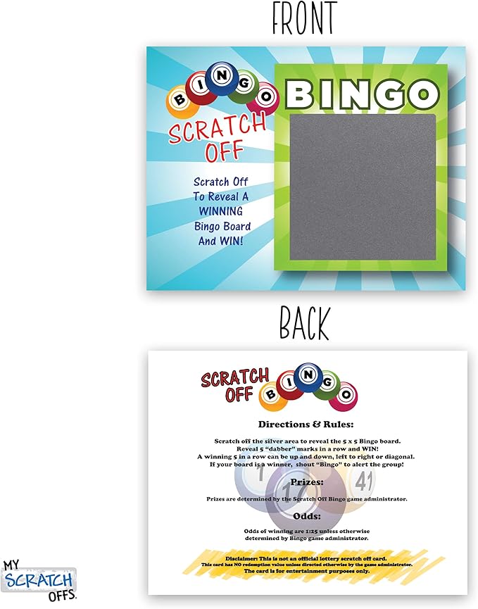 My Scratch Offs Bingo Scratch Off Game Cards Casino Night Party 26 Cards (24 Non Bingo, 2 Bingo)