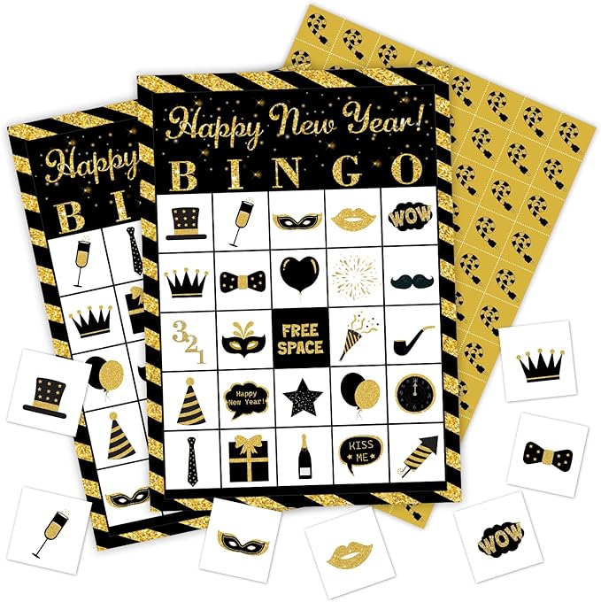 Ziyouza Happy New Year Bingo Cards, New Year Party Bingo Games, 24 Players Games for Family Party Outdoor Trip Activity
