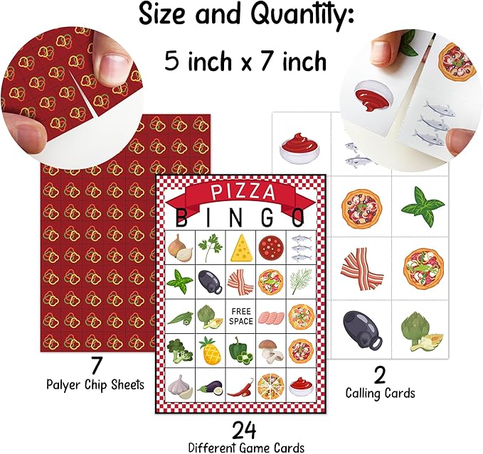 Pizza Bingo Party Games with 24 Players, Pizza Party Time, Birthday Party Games Card, Family Activities Bingo Cards for Women Men Birthday Party Supplies, Party Favors Gifts for Friends - FS178