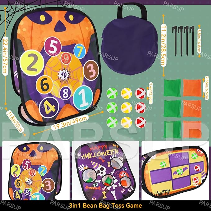 Happy Halloween 3 in 1 Bean Bag Toss Games, Halloween Party Games Outdoor with Pumpki Skull Eyeball Spider Pattern and Scores, Halloween Games and Activities for Family Toss Game