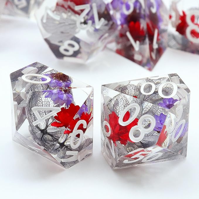 Haxtec Flower DND Dice Set Sharp Edge Dice with Dice Case Handmade Red Purple Floral Resin D&D Dice Set for TTRPGs Dungeons and Dragons Gifts