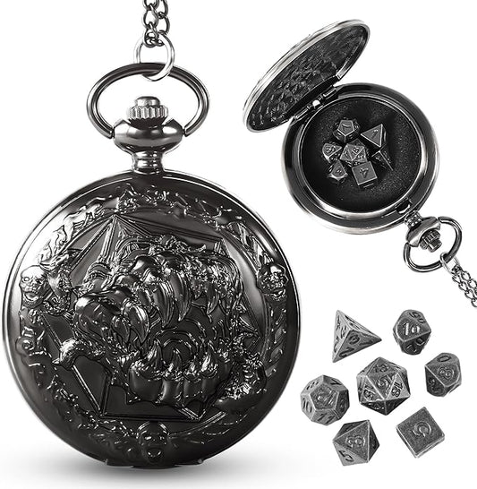 D&D Dice Set,7PCS Metal Dice Set for Dungeons and Dragons,Mini Dice Sets with Pocket Watch Case,Role Playing Board Games Accessories (Monster, Black)