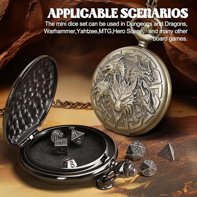 D&D Dice Set,7PCS Metal Dice for Dungeons and Dragons,Mini Dice Set with Pocket Watch Case,Role Playing Board Games Accessories (Dragon, Bronze)