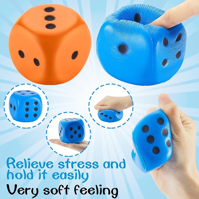 Zomiboo 2 Pcs Large Foam Dice Stress Balls Soft Jumbo 6 Sided Giant Dice Educational Learning Squeeze Anxiety Relieve Toy Gifts for Adults Kids Board Game Classroom(Blue, Orange,3.93 Inch)