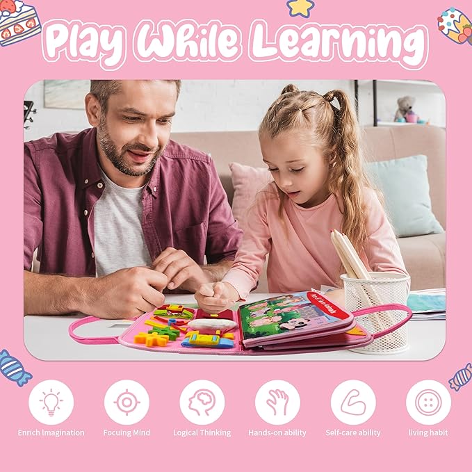 TenFans Montessori Busy Board for Toddlers 1-3 Years - Sensory Toys for Fine Motor Skills - Educational Activities & Travel Toys for Car & Airplane - Gifts for Girls
