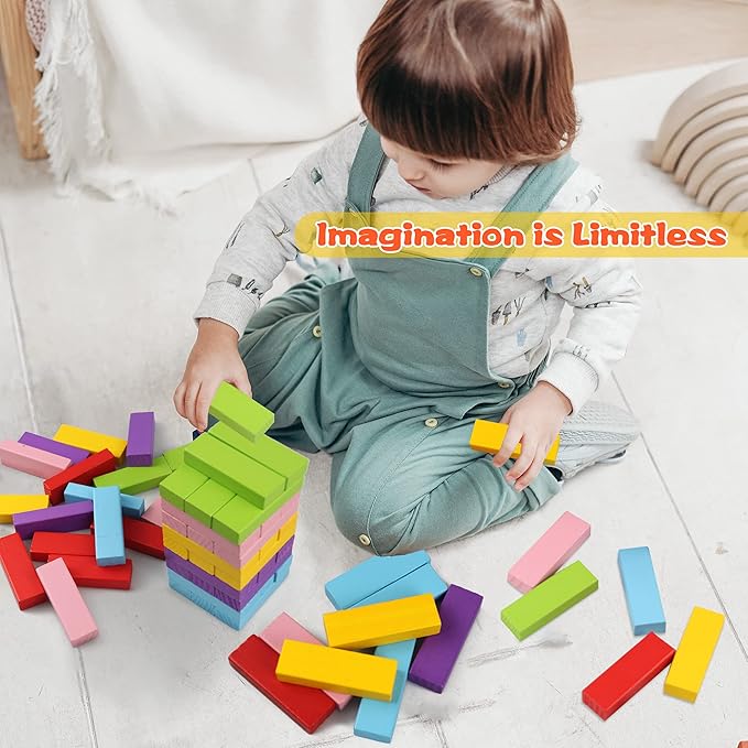 Gentle Monster Wooden Colorful Stacking Board Games Builing Blocks for Kids Boys Girls, 54 Pcs Wood Balancing Blocks Montessori Toy Gift for Kids, Classic Game for Party with Storage Bag