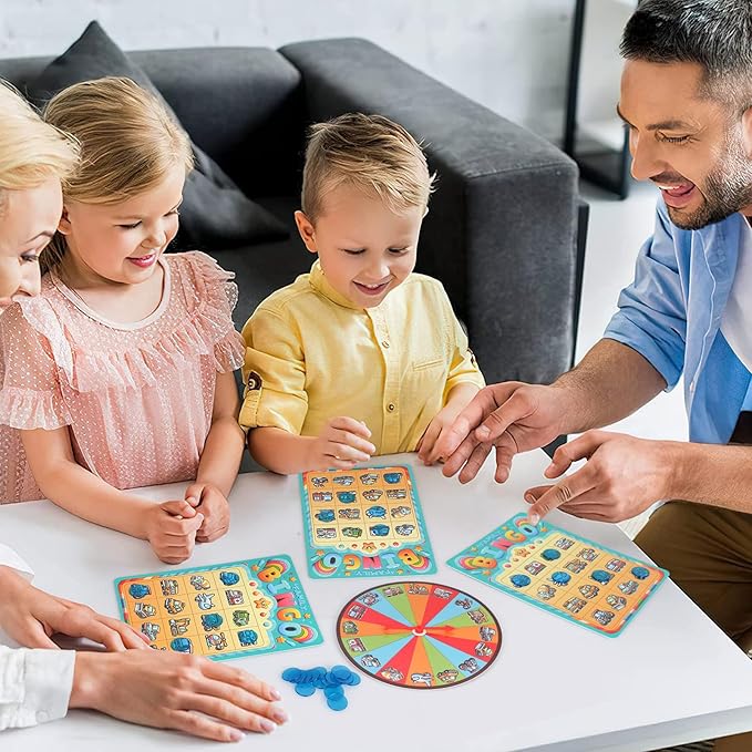 Family Bingo Game for Toddlers & Kids | 4-in-1 Visual Bingo Set with Household Items, Cars, Fruits & Camping Gear | Family-Friendly Board Game for Learning & Fun| 2-4 Players