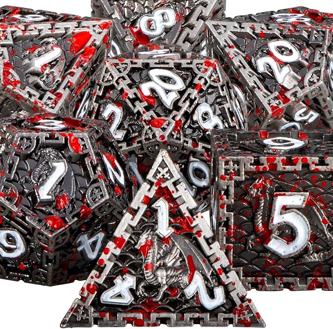 ARUOHHA Metal DND Dice Set with Gift Box, Dragon Design Blood Polyhedral Dice Role Playing Game Handmade D and D Dice Set D20 D12 D10 D8 D6 D4