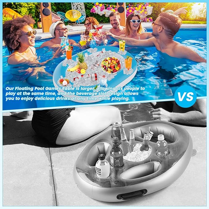 Extra Large Floating Games Table with Waterproof Playing Cards, Inflatable Pool Bar for Adults, Pool Accessories Hot Tub Tray Inflatable Food Drink Holder for Summer Party Indoor Outdoor Beach Pool