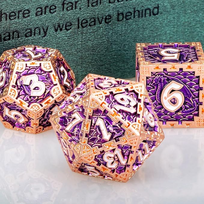ARUOHHA DND Metal Dice Handmade Purple D and D Dice Gift Box, Dragon Design Polyhedral Role Playing Dice Set D20 D12 D10 D8 D6 D4