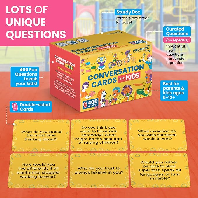 Conversation Cards for Kids – 400 Convo Starters for Family Game Night or Dinner – Road Trip Travel Games for Children Age 8-12 – Connect & Build Social Emotional Skills – 2.5" x 1.75" Sized Cards