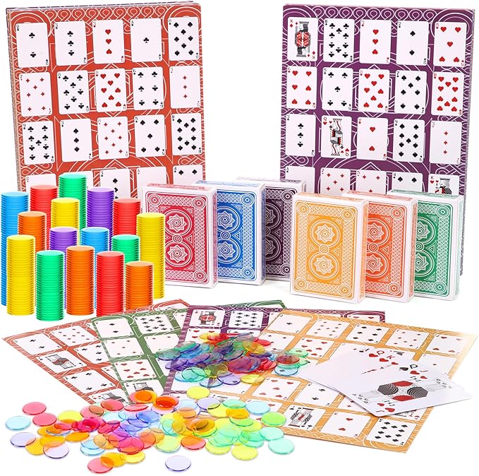 Zubebe 642 Pack Poker Keno Game Set, 36 Two-Sided Boards, 600 Transparent Scoring Chips, 6 Deck of Multicolor Playing Cards, Poker Bingo Set Keno Board Game for Gathering Activity Family Casino Night