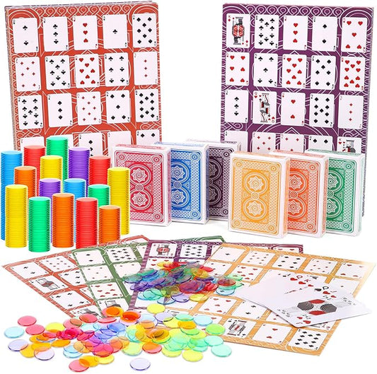 Zubebe 642 Pack Poker Keno Game Set, 36 Two-Sided Boards, 600 Transparent Scoring Chips, 6 Deck of Multicolor Playing Cards, Poker Bingo Set Keno Board Game for Gathering Activity Family Casino Night