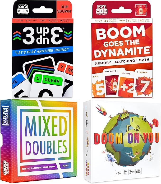 Ok2Win 3UP 3DOWN Card Game and Boom Goes The Dynamite Math Card Game and Doom On You Card Game and Mixed Doubles Dice Game Bundle - Fun Family Games for All Ages