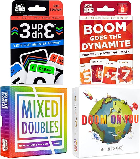 Ok2Win 3UP 3DOWN Card Game and Boom Goes The Dynamite Math Card Game and Doom On You Card Game and Mixed Doubles Dice Game Bundle - Fun Family Games for All Ages