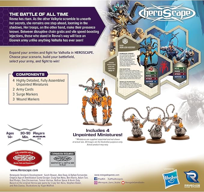 Renegade: Heroscape: Revna’s Rebuke: Iron Lich Viscerot & Necrotech Wraithriders Army Expansion - 4 New Detailed Miniatures, Unpainted, Ages 14+