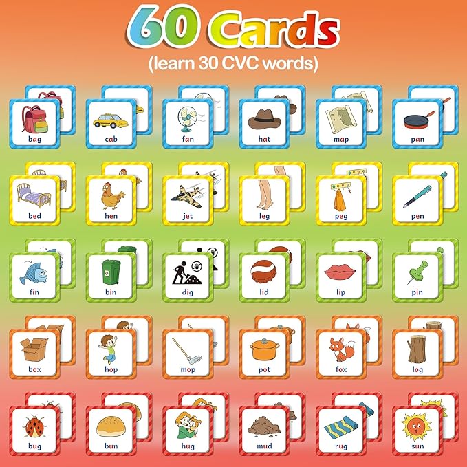 Aizweb CVC Word Match Game - 60 Pc Toddler Card Games for Kids Ages 3-6, Phonics Flash Cards for Preschool & Kindergarten Learning Activities, Educational Toys for Home School Supplies