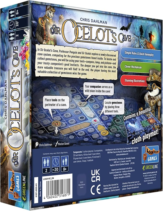Sir Ocelot's Cave Board Game - Treasure Hunting and Gem Collecting Strategy Game, Fun for Families, Kids & Adults, Ages 8+, 2 Players, 20 Minute Playtime, Made by Lookout Games