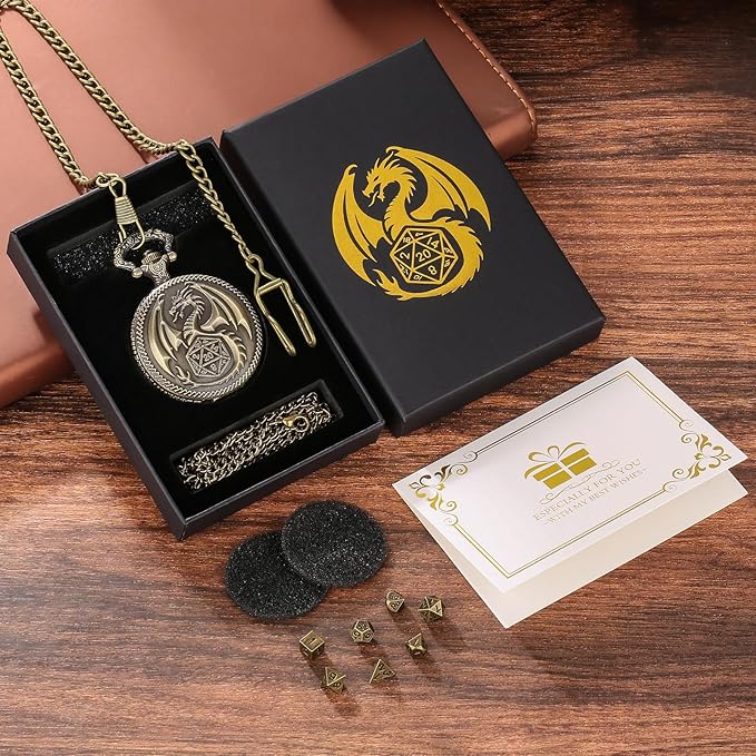Mini DND Dice Set Steampunk Dragon Pocket Watch Shell Case, 7pcs Polyhedral Metal D&D Dice Set, DND Gifts with Gift Box for Men Women, Role Playing Board Games Accessories, Bronze
