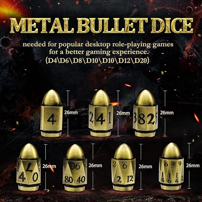 Bullet Dice Set, DND Dice Metal Revolver，ZHOORQI D6 Gun Dice D&D Gifts for Dungeons and Dragons, RPGs(7-Bronze)