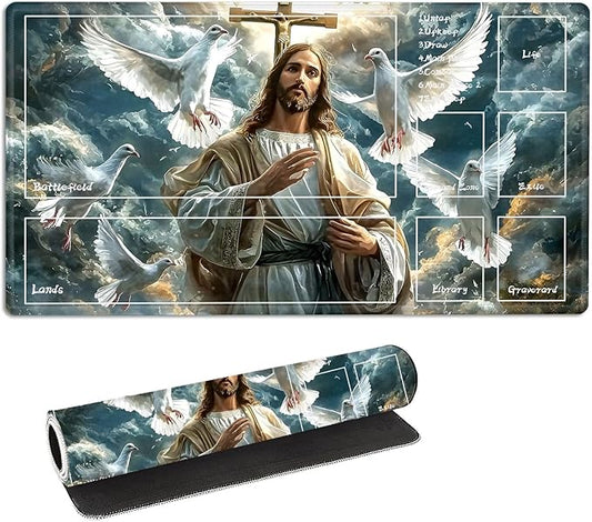 for MTG Playmat with Zones Storage Bag,for TCG Playmat and Playing Card Mat for Magic Board Games, Jesus Non Slip Stitched Edges Game Mat, Rollable Foldable Card Playmats