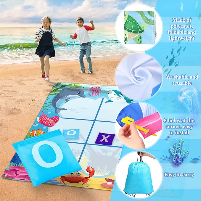 Capoda 20 Pcs Tic Tac Toe Game Set Bean Bag Toss Game Tic Tac Toe Cloth with Bean Bag Storage Pouches Ground Nails for Family Camping Indoor Outdoor Party Toss Games Supplies(Light,Sea Animal)