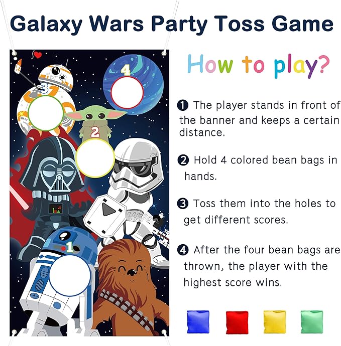 Galaxy Wars Toss Games with 4 Bean Bags - Indoor Outdoor Fun Throwing Game Backdrop Banner Party Activities Space Galaxy Wars Themed Birthday Party Favors Supplies Decoration for Kid Adult