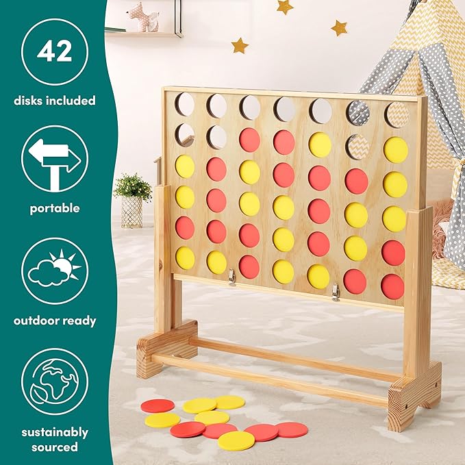 THE TWIDDLERS - 2.4ft Giant 4 in a Row Connect Game with Adjustable Height & Carry Bag (Wooden) | Jumbo Four in a Row Game for Kids and Adults, Outdoor Yard Game, Large