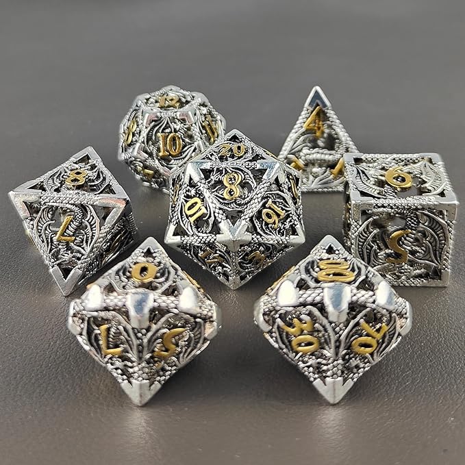 Hollow Dragon Metal Dice,Unique Dungeons and Dragons Polyhedral Dice Set for D&D TRPG,MTG,Pathfinder,Table Board Roll Playing Games D4 D6 D8 D10 D% D12 D20 (Silver)
