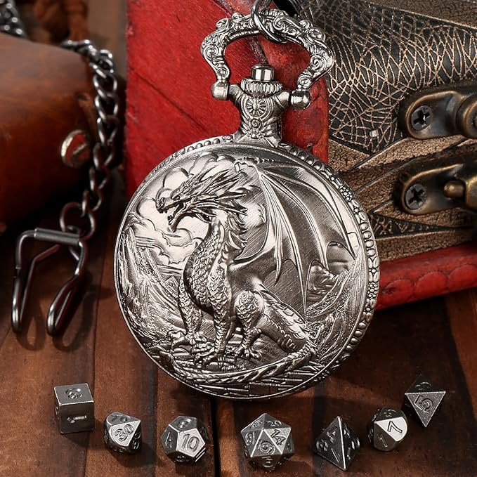 Mini DND Dice Set with Steampunk Dragon Pocket Watch Shell Case, 7pcs Polyhedral Metal DND Dice Set, DND Starter Set, D&D Gifts with Dragon Logo Gift Bag, Role Playing Board Games Accessories, Silver
