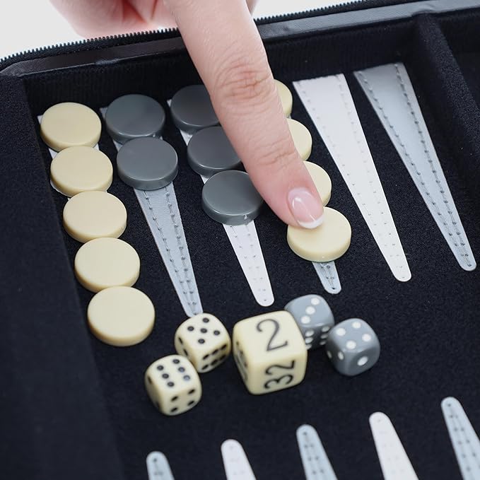 WE Games Backgammon Set, Board Games for Adults - Travel Games - Black with Gray Stripe Magnetic Leatherette Backgammon Board and Carrying Strap - Travel Backgammon Sets for Adults